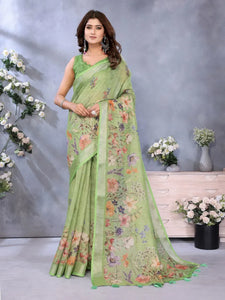 Elegant Floral Linen Shimmer Saree with Designer Blouse for Festive Wear