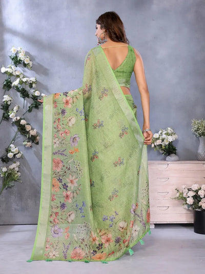 Elegant Floral Linen Shimmer Saree with Designer Blouse for Festive Wear