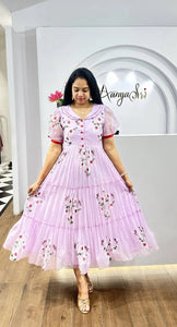 Premium Cubic Floral Print A-Line Midi Dress with Scalloped Peter Pan Collar