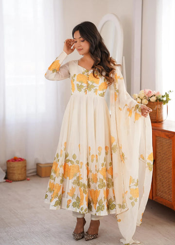 Elegant Floral Organza Anarkali Gown with Dupatta Set - Festive Party Wear for Women
