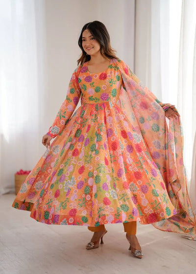 Elegant Floral Organza Gown Set - Flowy Festive Ready-to-Wear