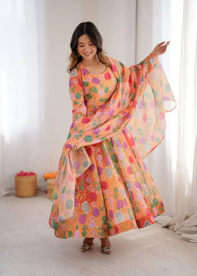 Elegant Floral Organza Gown Set - Flowy Festive Ready-to-Wear