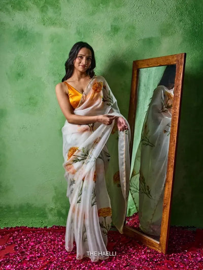 Elegant Floral Organza Saree - Handcrafted Beadwork for Women