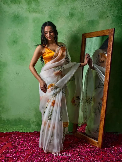 Elegant Floral Organza Saree - Handcrafted Beadwork for Women
