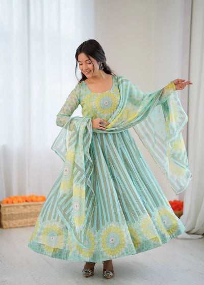 Elegant Floral Organza Suit - Lightweight Kali Cut Gown for Festive & Party Wear