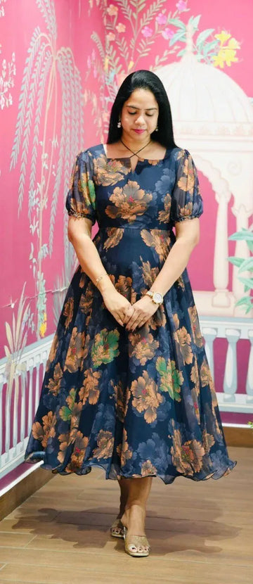 Elegant Floral Party Wear Gown - Flowy Chiffon Dress for Women