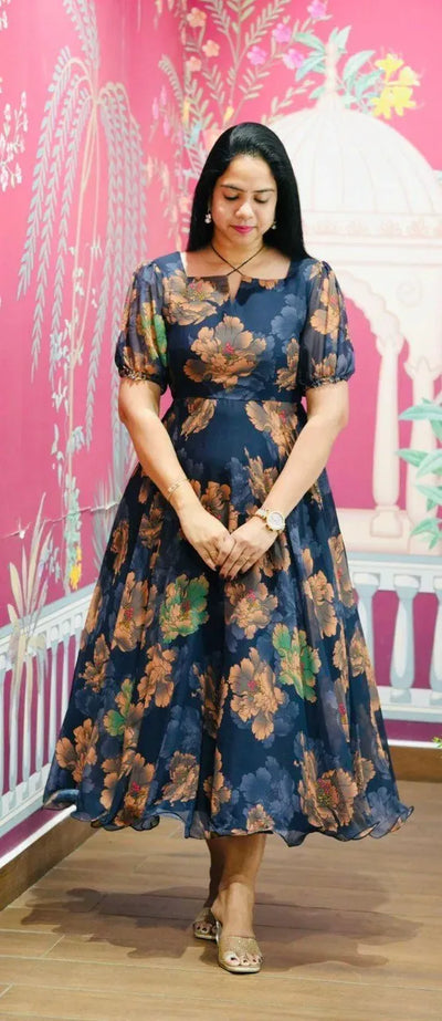 Elegant Floral Party Wear Gown - Flowy Chiffon Dress for Women