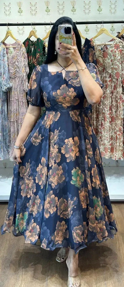 Elegant Floral Party Wear Gown - Flowy Chiffon Dress for Women