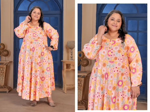 Elegant Floral Print Rayon Kurti Gown - Breathable Plus Size Festive Wear for Women