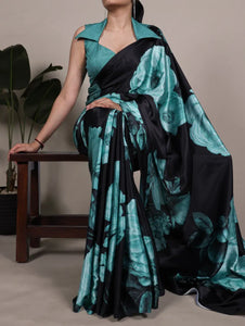 Premium Floral Print Satin Silk Saree - Elegant Festive & Party Wear with Unstitched Blouse