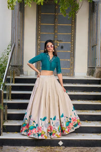 Elegant Floral Print Tussar Silk Lehenga Set - Stitched for Women