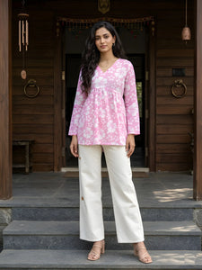 Elegant Floral Printed Cotton Kurti - Chic V-Neck Casual Top for Women