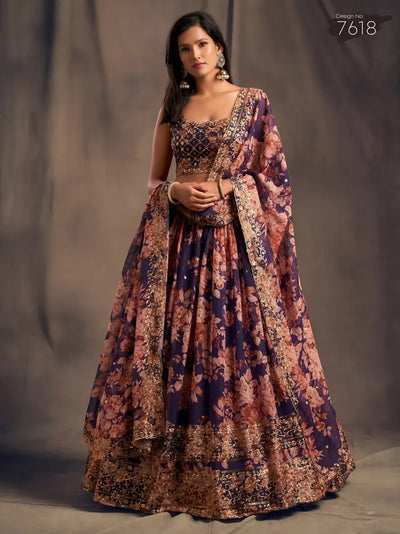 Elegant Floral Printed Lehenga Choli - Intricate Sequins & Zari Embroidery for Weddings & Festive Celebrations