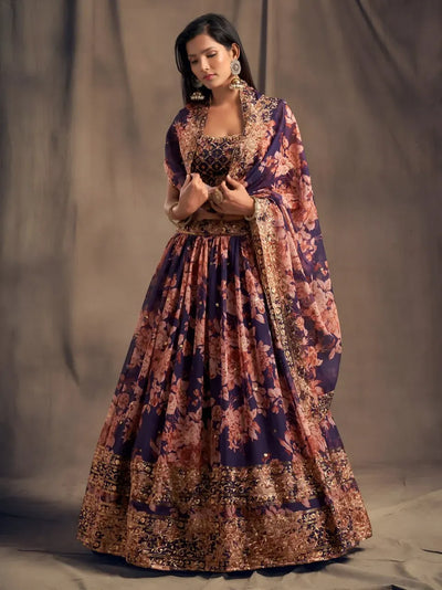 Elegant Floral Printed Lehenga Choli - Intricate Sequins & Zari Embroidery for Weddings & Festive Celebrations
