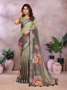 Elegant Floral Printed Linen Shimmer Saree for Festive Wear