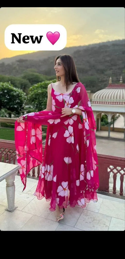 Elegant Floral Printed Organza Anarkali Gown - Festive Monsoon Collection