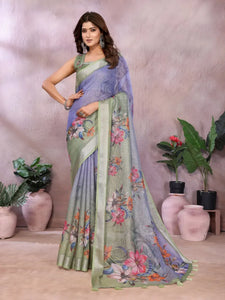 Elegant Floral Printed Saree in Linen Shimmer for Festive Wear