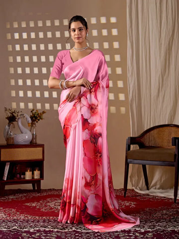 Elegant Floral Satin Georgette Saree - Beautiful Digital Print Festive Wear for Women