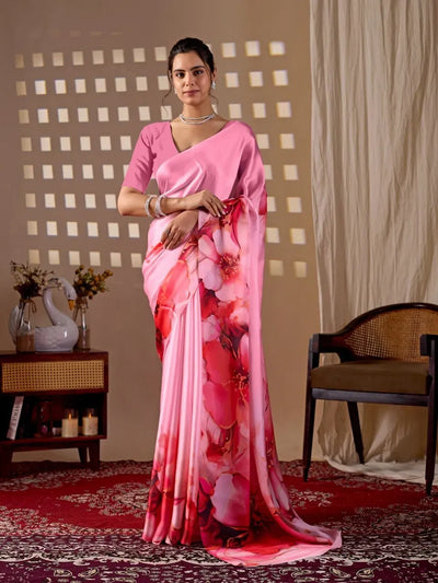 Elegant Floral Satin Georgette Saree - Beautiful Digital Print Festive Wear for Women