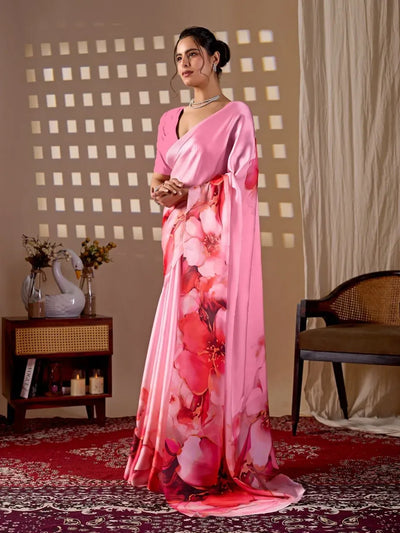 Elegant Floral Satin Georgette Saree - Beautiful Digital Print Festive Wear for Women