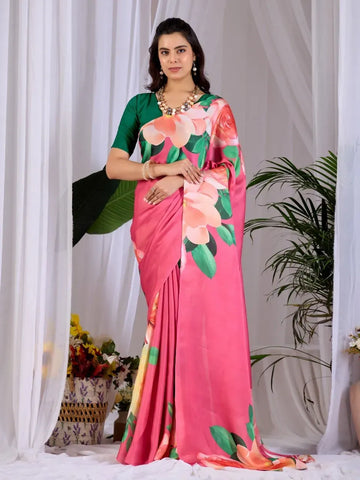 Elegant Floral Satin Georgette Saree - Designer Festive Wear for Women