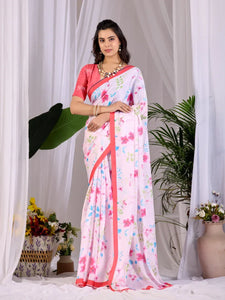 Elegant Floral Satin Georgette Saree with Blouse for Festive Wear