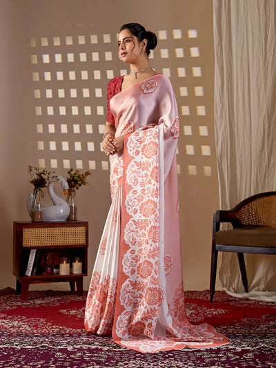 Elegant Floral Satin Georgette Saree with Designer Blouse for Festive Wear
