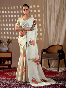 Elegant Floral Satin Georgette Saree with Matching Blouse - Festive Wear for Women