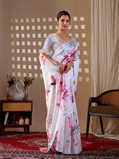 Elegant Floral Satin Georgette Saree with Matching Blouse Piece - Festive Wear for Women