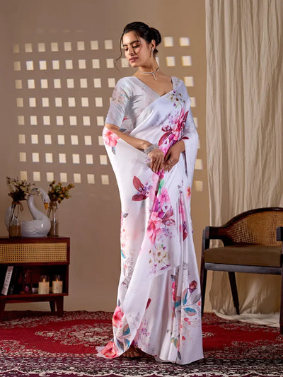 Elegant Floral Satin Georgette Saree with Matching Blouse Piece - Festive Wear for Women