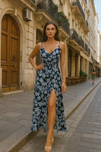 Elegant Floral Slit Dress - Flowy American Crape for Women