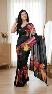Elegant Flower Print Silk Saree with Real Mirror Work - Festive Prep Collection