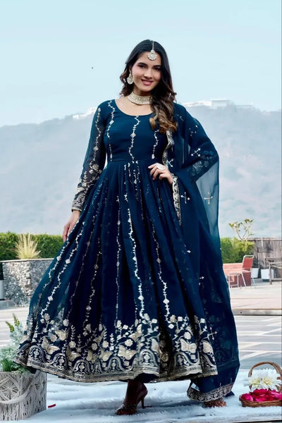 Elegant Fox Georgette Gown - Heavy Sequence Embroidery for Festive Wear