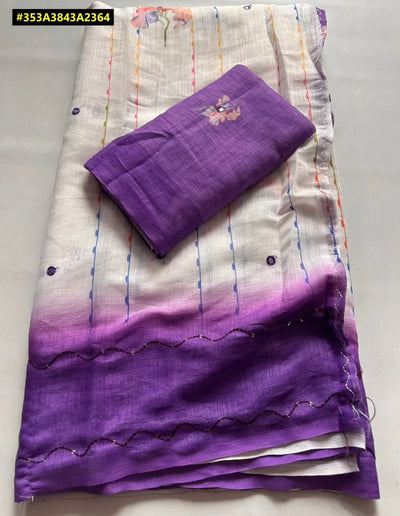 Elegant Gadhwal Linen Saree - Hand Katha Mirror & Digital Print Festive