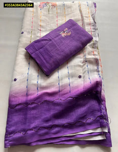 Elegant Gadhwal Linen Saree - Hand Katha Mirror & Digital Print Festive