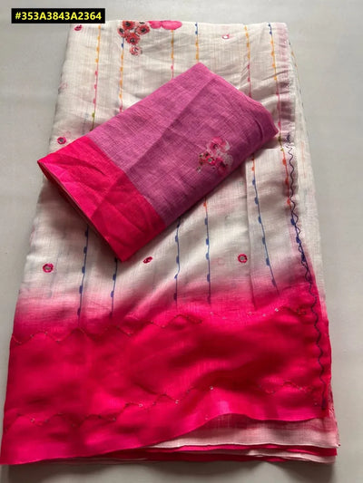 Elegant Gadhwal Linen Saree - Hand Katha Mirror & Digital Print Festive