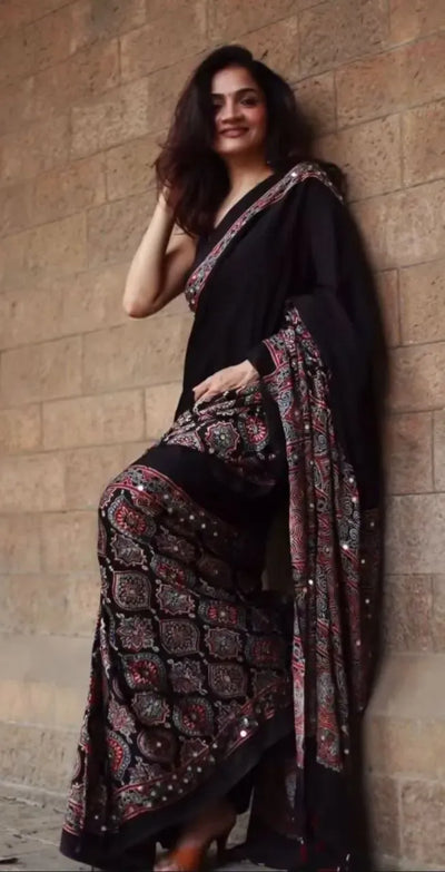 Elegant Gajji Silk Ajrakh Saree with Mirror Work for Festive Wear