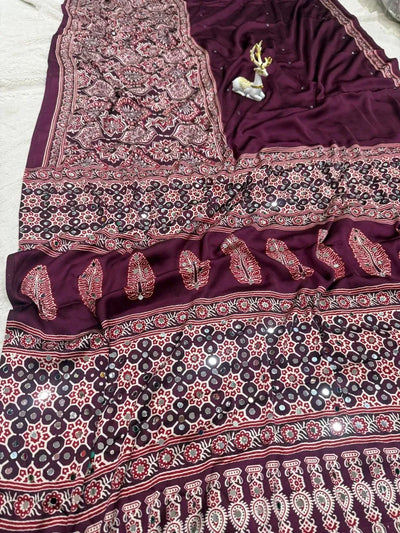 Elegant Gajji Silk Ajrakh Saree with Mirror Work for Festive Wear
