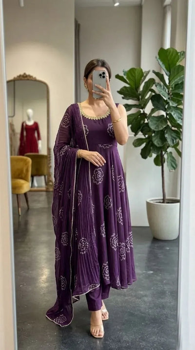 Elegant Georgette Anarkali Gown with Dupatta & Palazzo Set for Women's Festive Party Wear