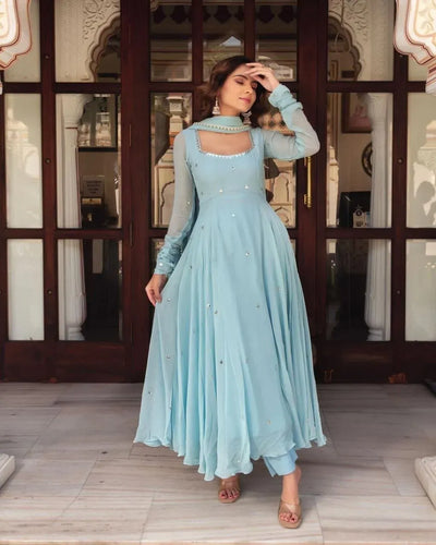 Elegant Georgette Anarkali Gown with Handwork Silver Leaf Flare for Festive Wear