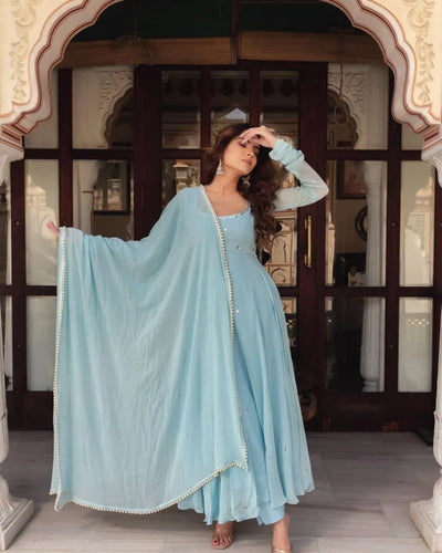 Elegant Georgette Anarkali Gown with Handwork Silver Leaf Flare for Festive Wear