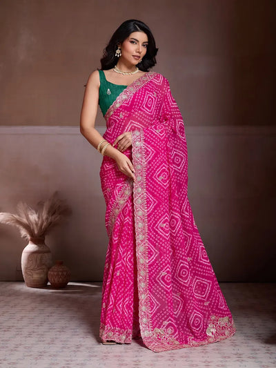 Elegant Georgette Bandhej Saree - Heavy Embroidery Wedding Wear