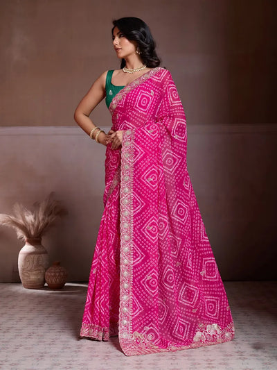 Elegant Georgette Bandhej Saree - Heavy Embroidery Wedding Wear