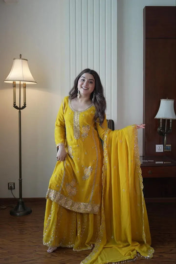 Elegant Georgette Gharara Set - Heavily Embroidered Festive Wear for Women
