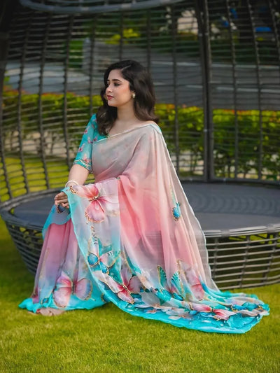 Elegant Georgette Handwork Saree - Digital Butterfly Print Festive Wear for Women