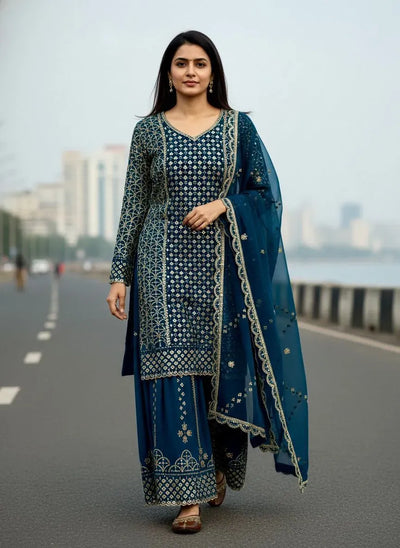 Elegant Georgette Kurti Set - Zari & Sequin Embroidery for Festive Wear