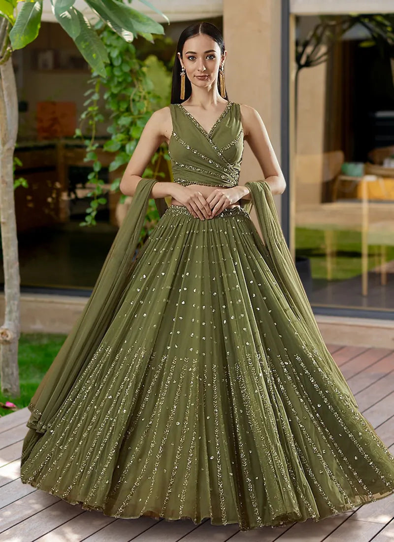 Olive Georgette Lehenga Choli with Intricate Embroidery for Wedding Wear