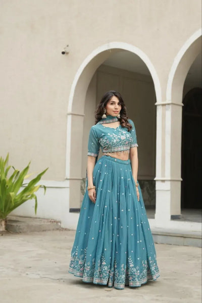 Elegant Georgette Lehenga Choli with Heavy Floral Embroidery for Women's Sangeet