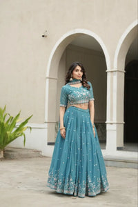 Elegant Georgette Lehenga Choli with Heavy Floral Embroidery for Women's Sangeet