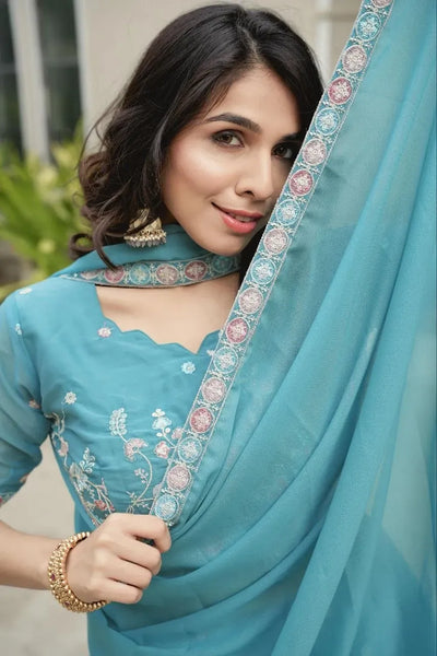 Elegant Georgette Lehenga Choli with Heavy Floral Embroidery for Women's Sangeet
